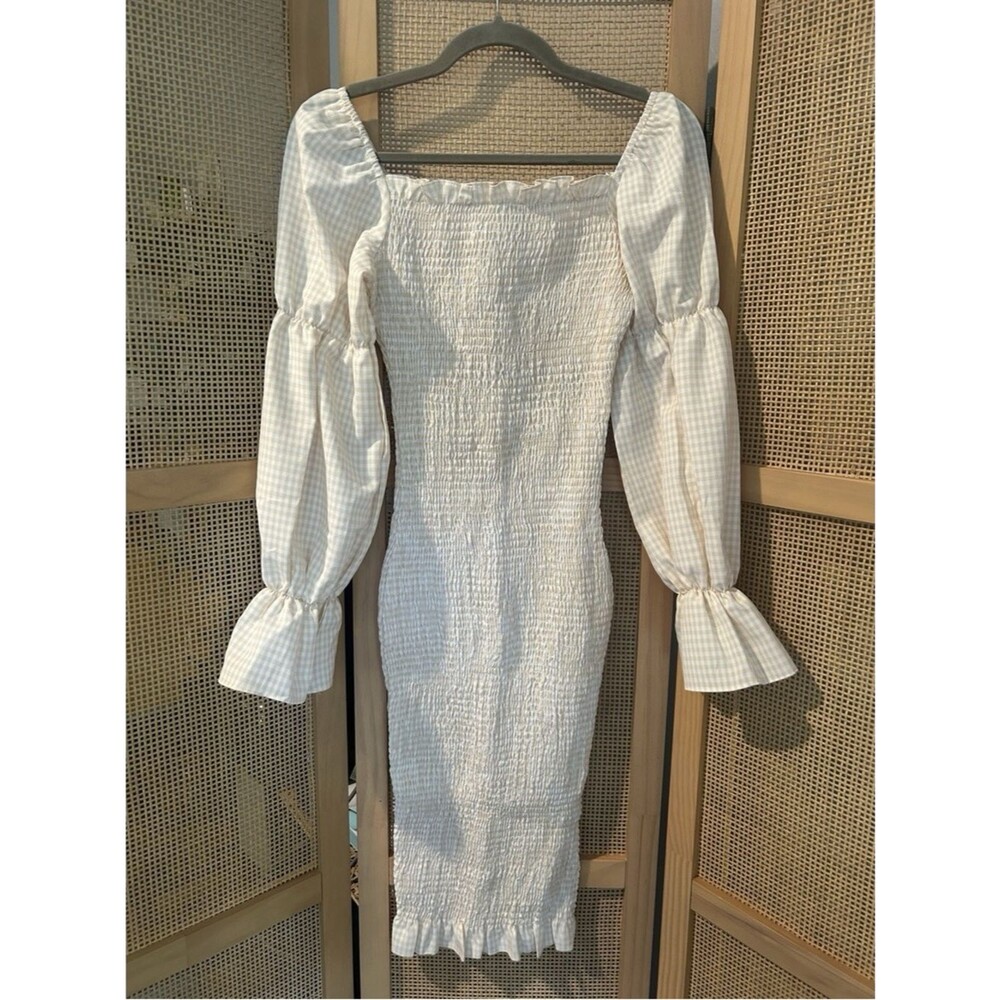 SNDYS Sundays the Label Cream Gingham Smocked Midi Dress XS NWT